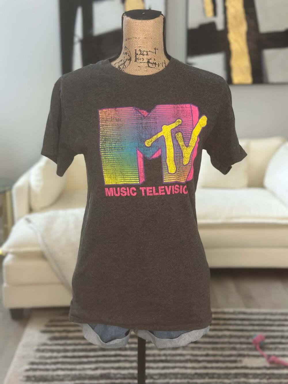 MTV Music Television Distressed Neon Fade Stripe Logo Graphic T-Shirt - Picture 3 of 6